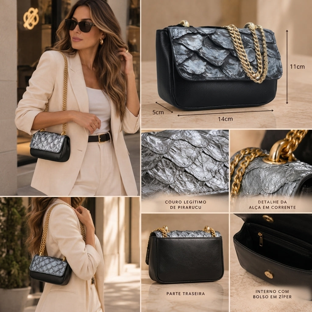 Bolsa Feminina em Couro Legítimo de Pirarucu Modelo Tiracolo Prata