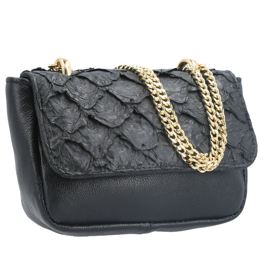 Bolsa Feminina em Couro Legítimo de Pirarucu Modelo Tiracolo Preto