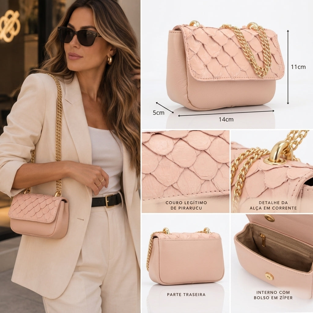 Bolsa Feminina em Couro Legítimo de Pirarucu Modelo Tiracolo Rosa