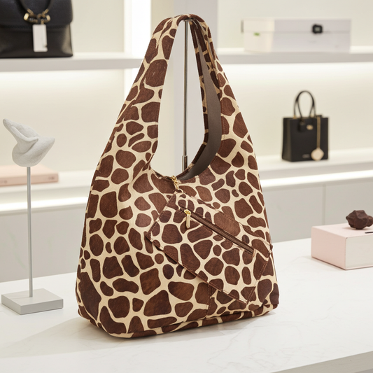 Bolsa de Ombro em Couro Estilo Animal Print com Carteira Bege