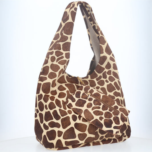 Bolsa de Ombro em Couro Estilo Animal Print com Carteira Bege