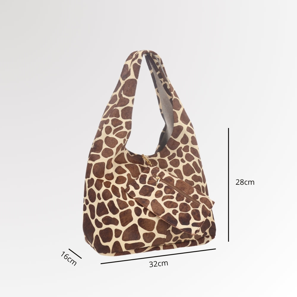 Bolsa de Ombro em Couro Estilo Animal Print com Carteira Bege