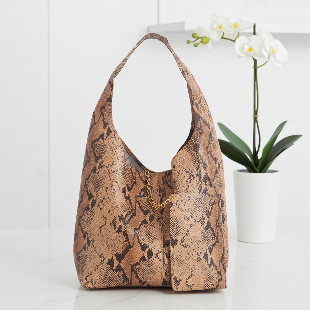 Bolsa de Ombro em Couro Estilo Animal Print com Carteira Bege escuro