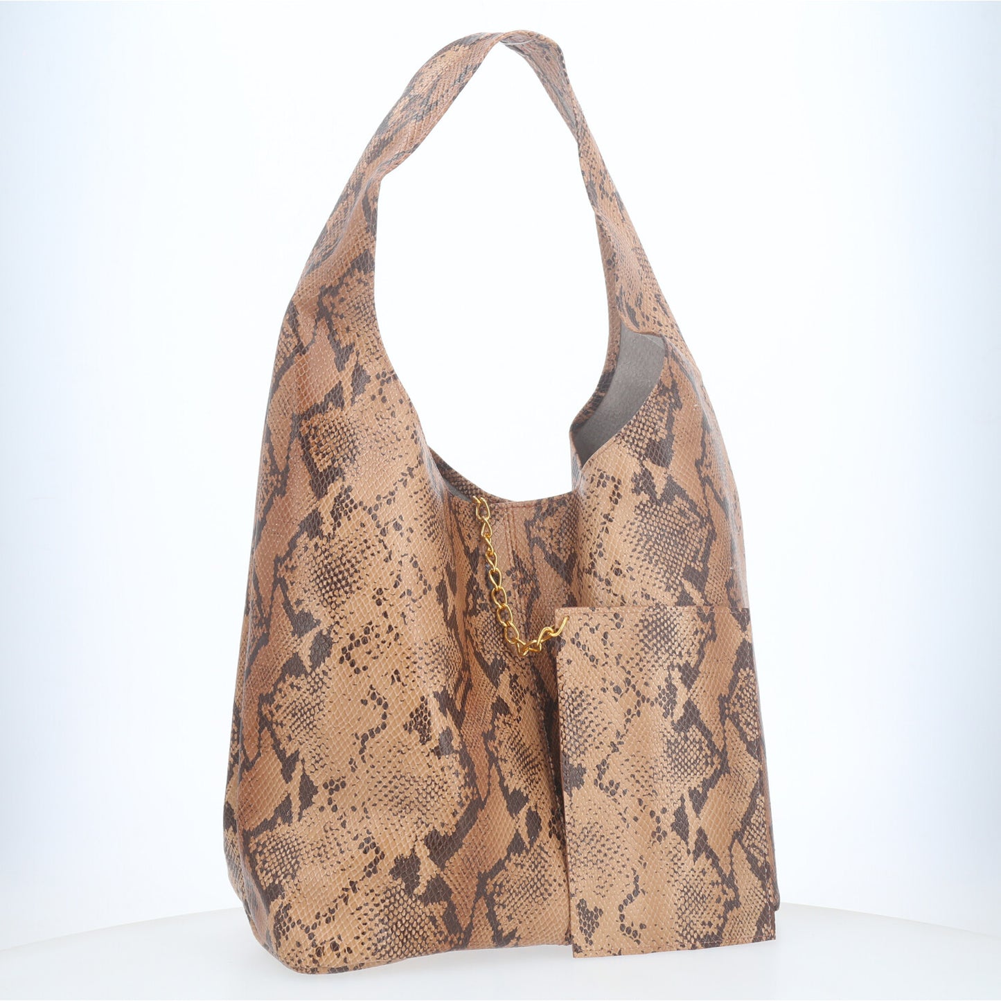 Bolsa de Ombro em Couro Estilo Animal Print com Carteira Bege escuro