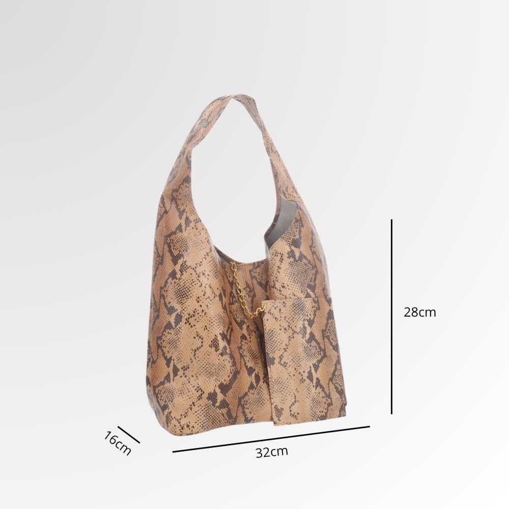 Bolsa de Ombro em Couro Estilo Animal Print com Carteira Bege escuro