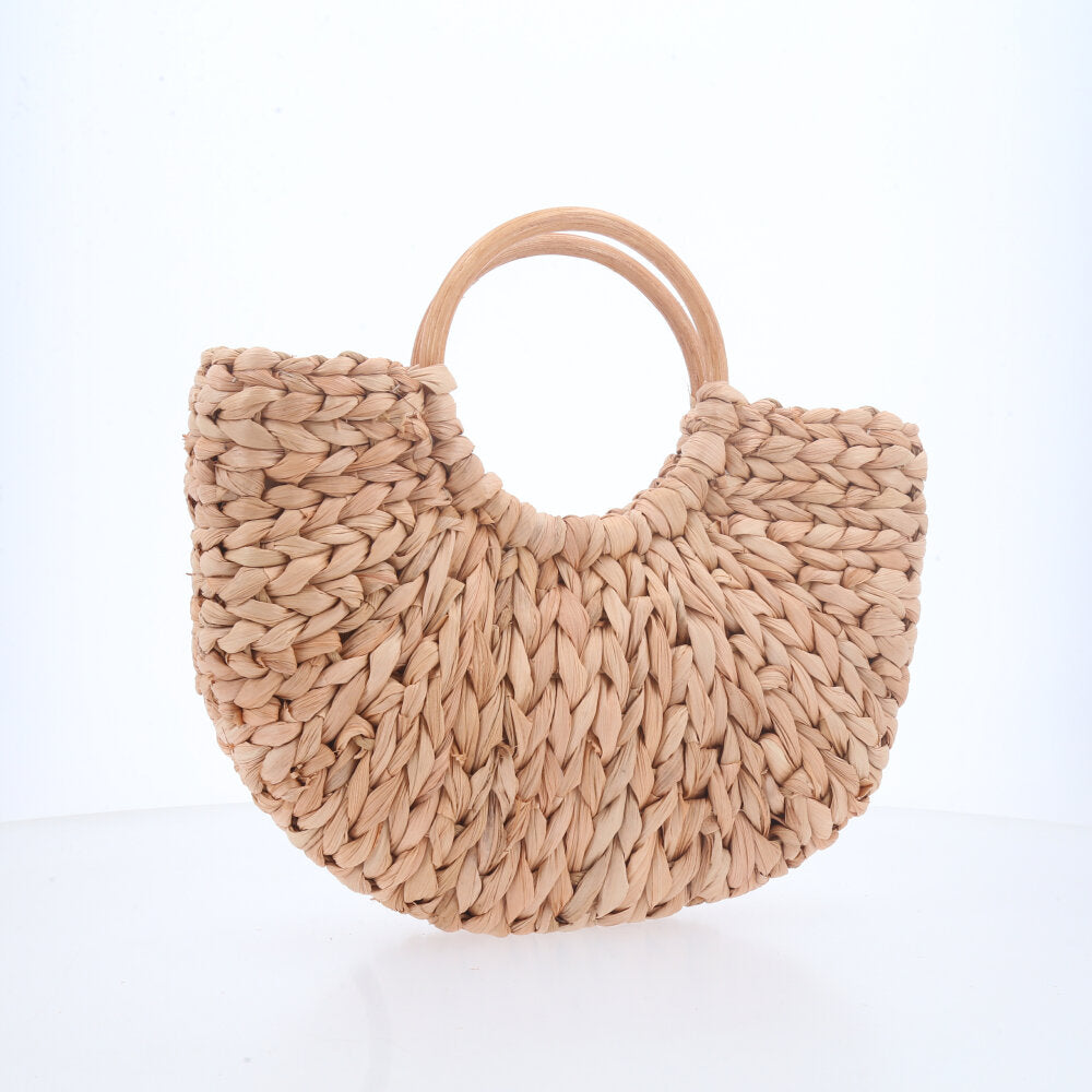 Bolsa de Palha Feminina com Alça de Madeira Bege