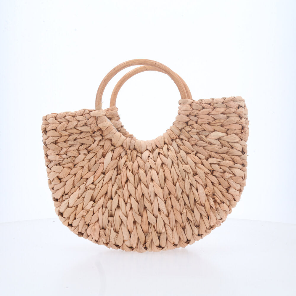 Bolsa de Palha Feminina com Alça de Madeira Bege