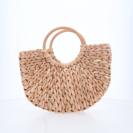 Bolsa de Palha Feminina com Alça de Madeira Bege