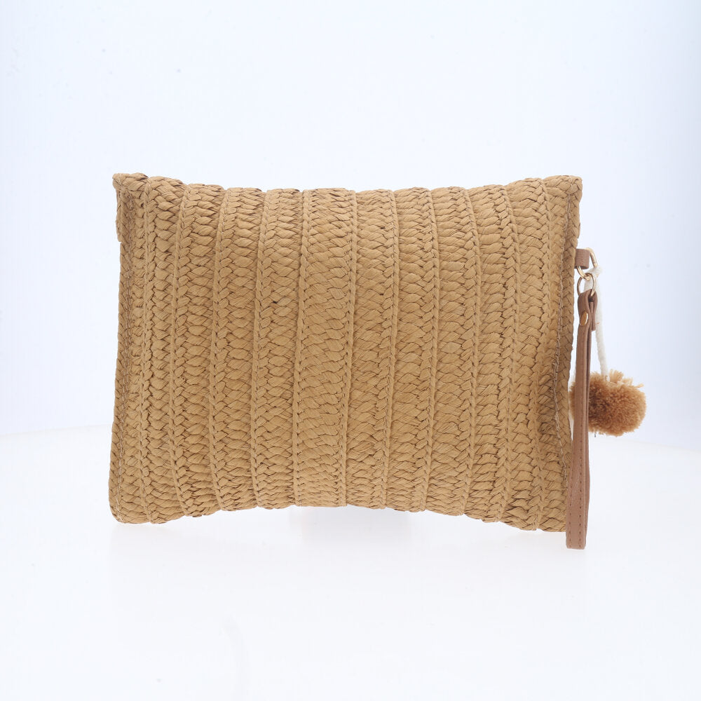 Bolsa Praia de Mão em Ráfia com Detalhe Bege