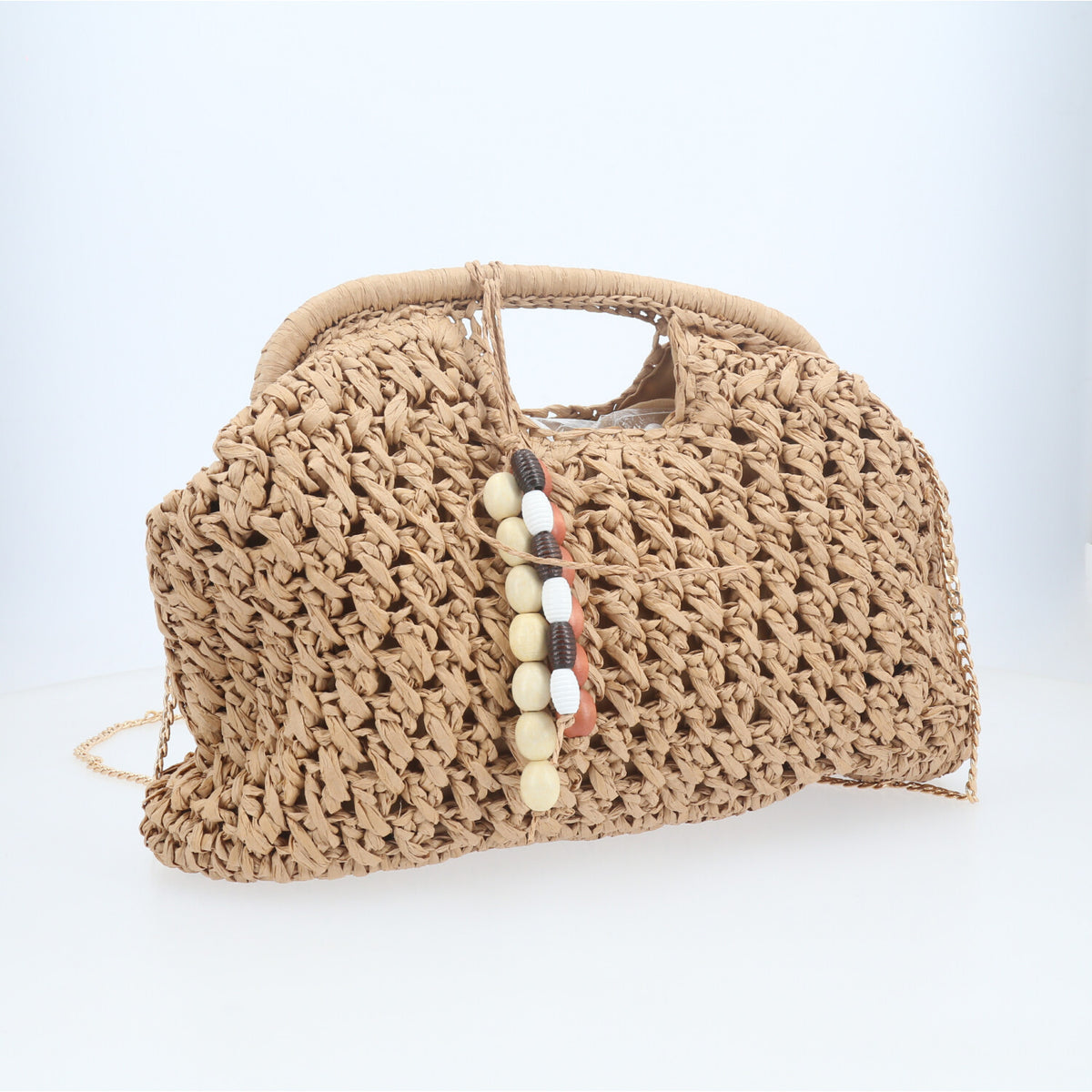 Bolsa de Praia Estilo Clutch com Chaveiro de Miçangas Caqui