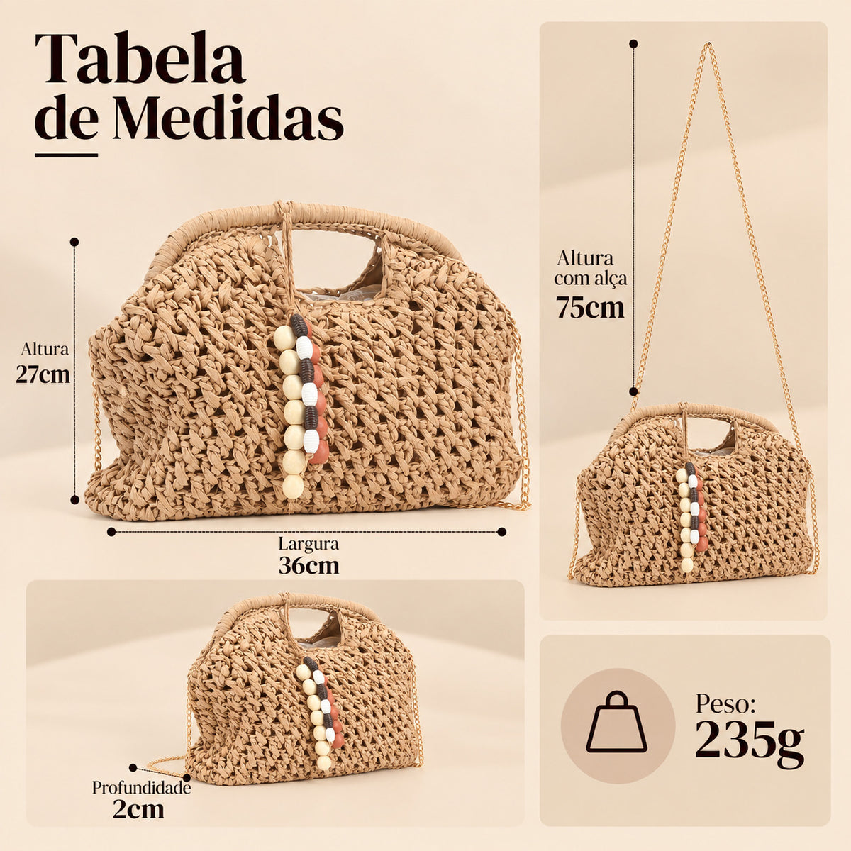 Bolsa de Praia Estilo Clutch com Chaveiro de Miçangas Caqui