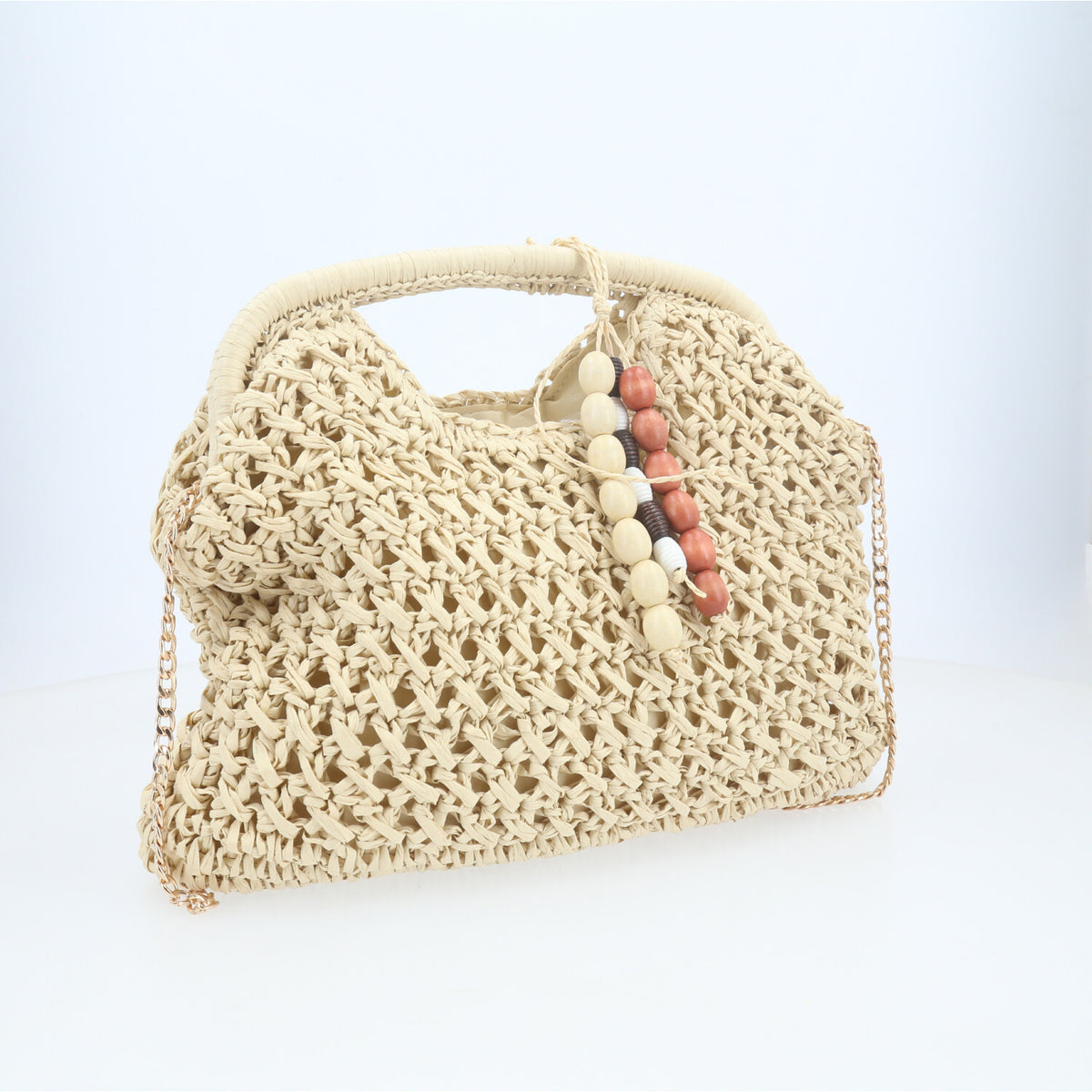 Bolsa de Praia Estilo Clutch com Chaveiro de Miçangas Marfim