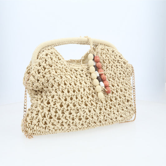 Bolsa de Praia Estilo Clutch com Chaveiro de Miçangas Marfim