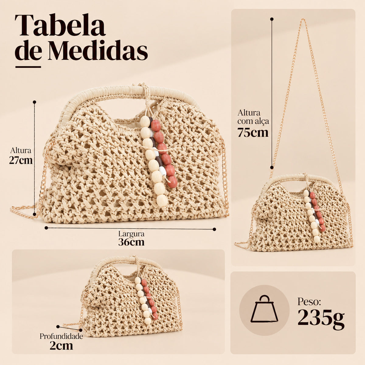 Bolsa de Praia Estilo Clutch com Chaveiro de Miçangas Marfim