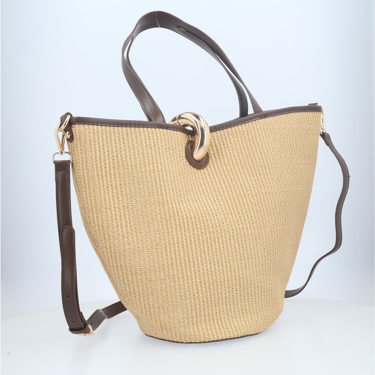 Bolsa Shoulder em Ráfia com Opção de Alça Transversal Bege