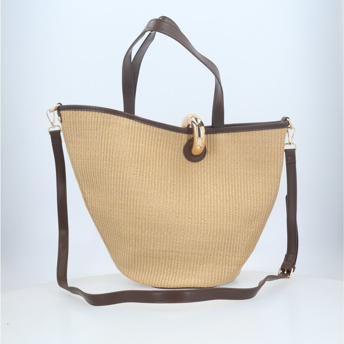 Bolsa Shoulder em Ráfia com Opção de Alça Transversal Bege