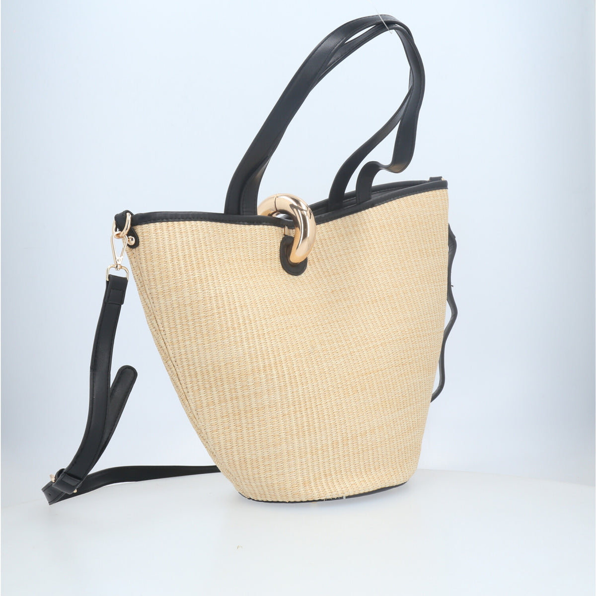 Bolsa Shoulder em Ráfia com Opção de Alça Transversal Bege claro