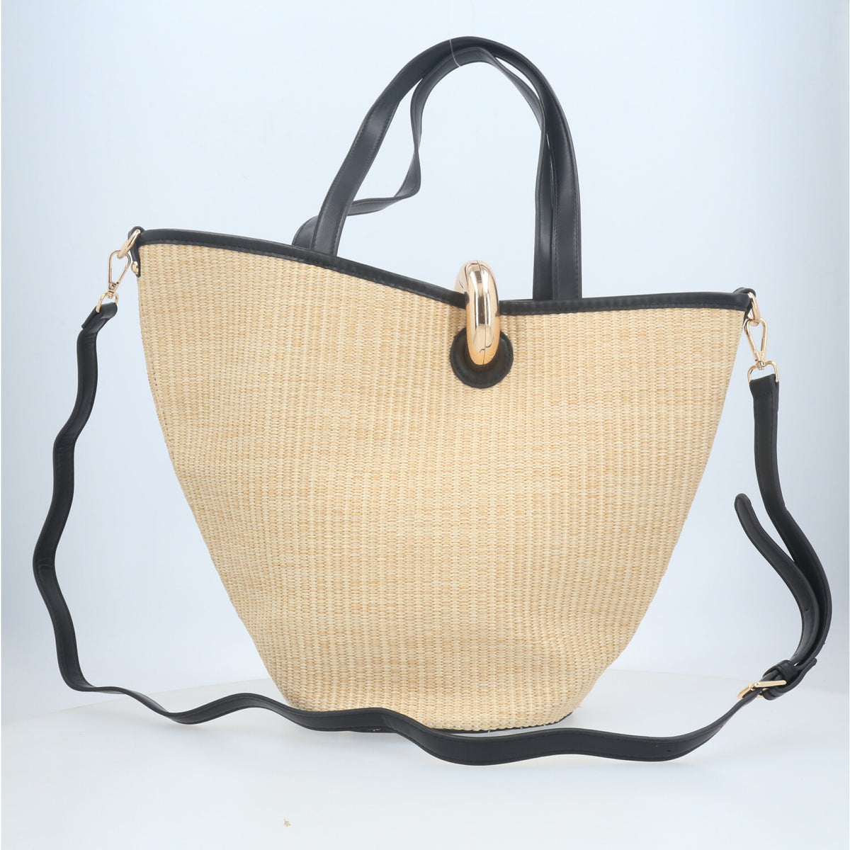 Bolsa Shoulder em Ráfia com Opção de Alça Transversal Bege claro