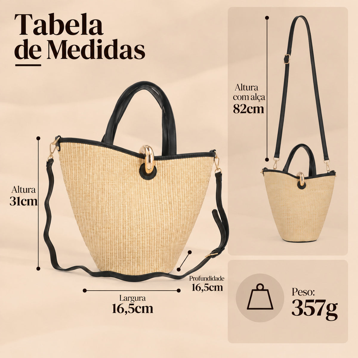 Bolsa Shoulder em Ráfia com Opção de Alça Transversal Bege claro