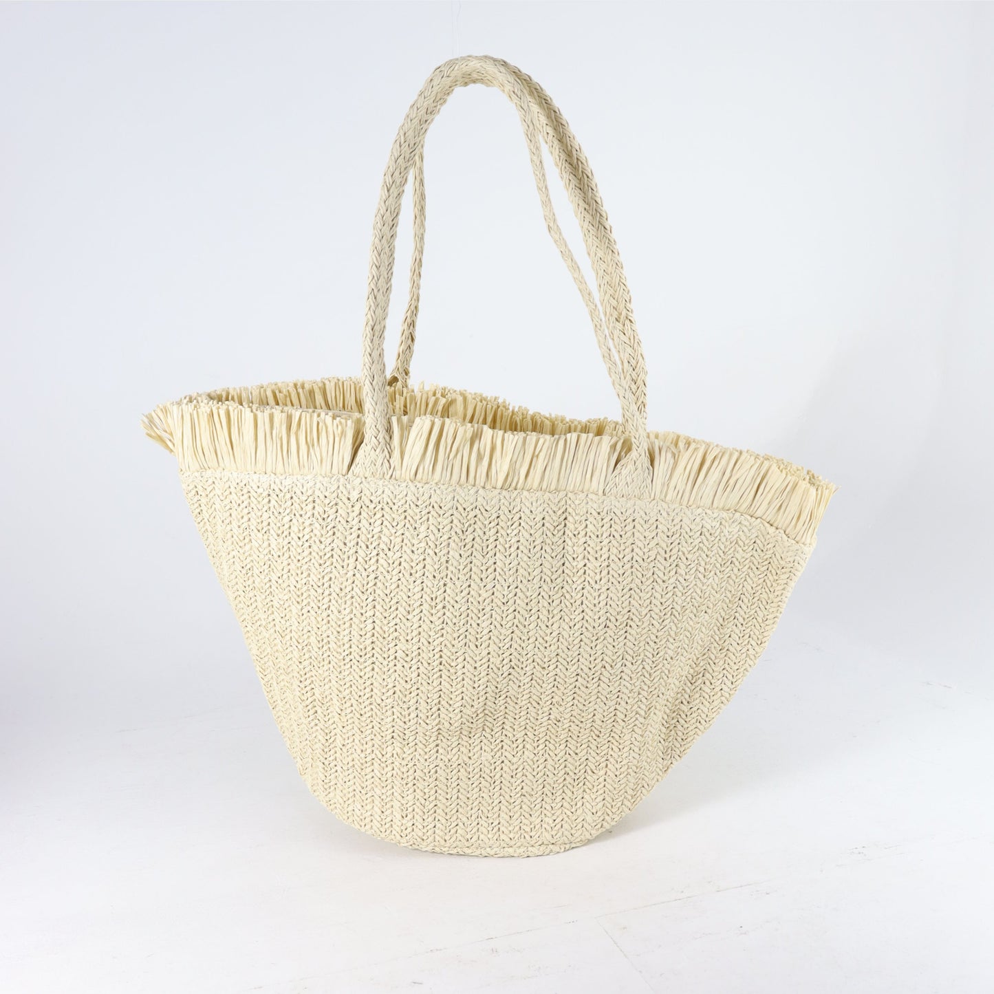Bolsa de Praia em Ráfia com Franjas na Borda Bege