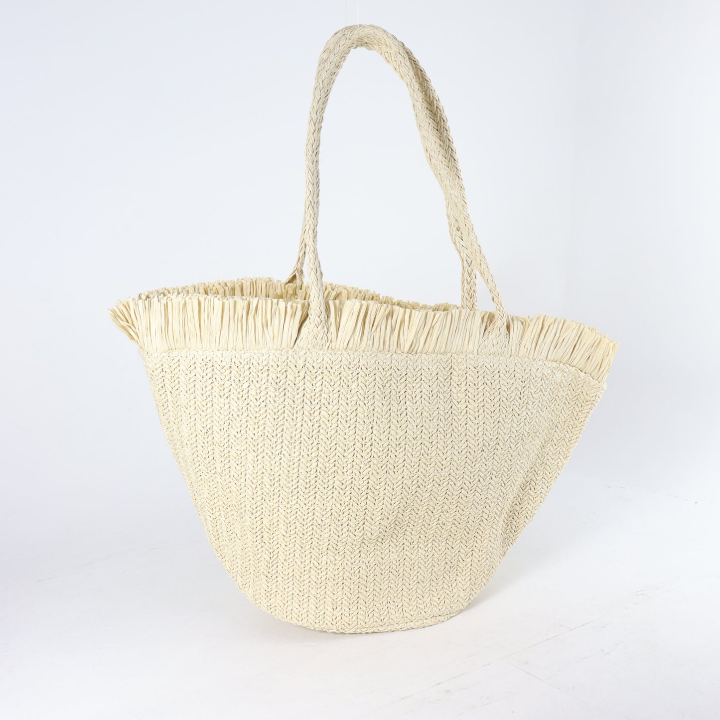 Bolsa de Praia em Ráfia com Franjas na Borda Bege