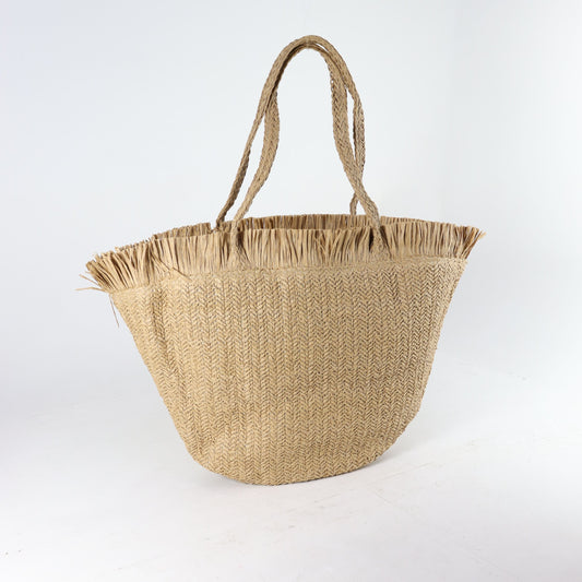 Bolsa de Praia em Ráfia com Franjas na Borda Caramelo
