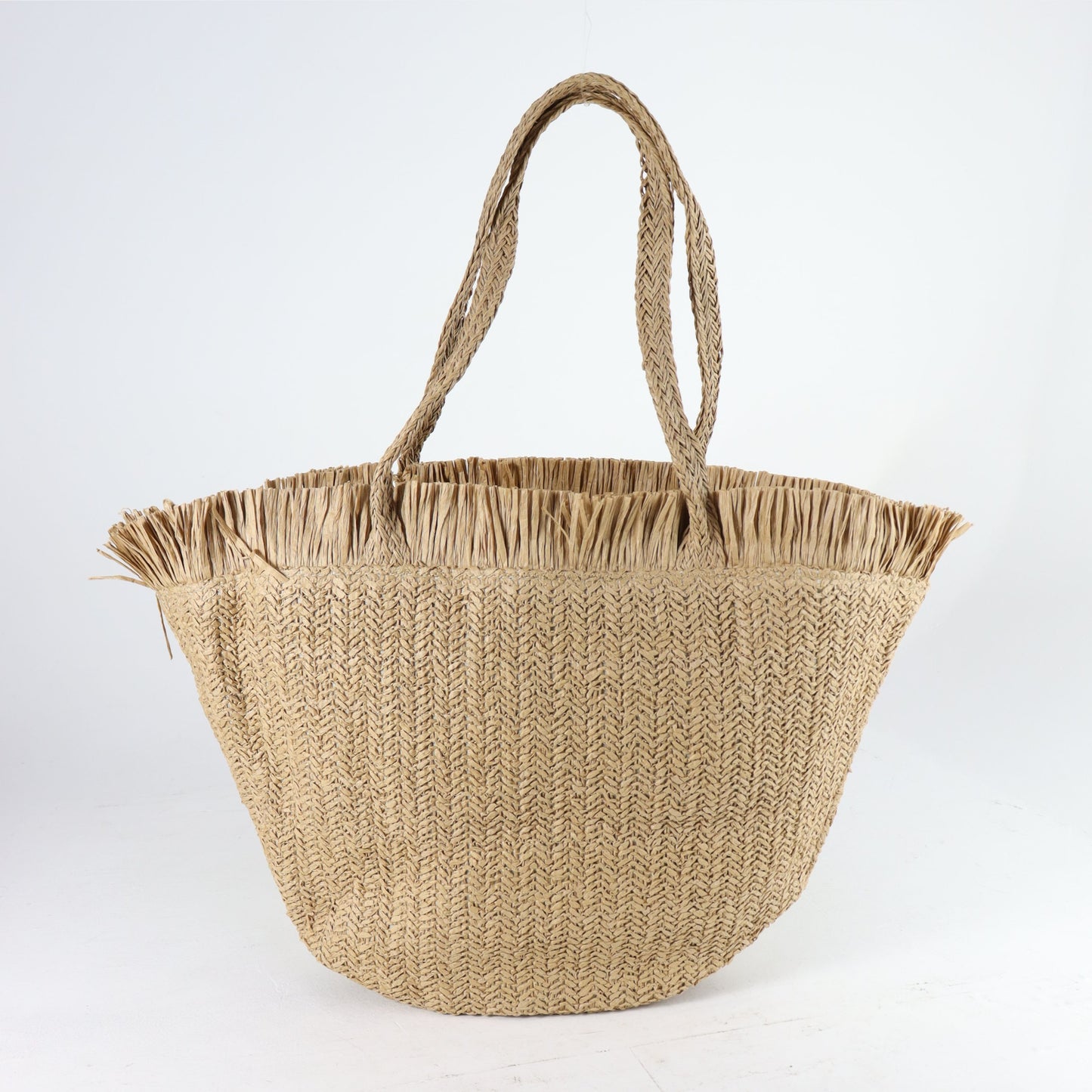 Bolsa de Praia em Ráfia com Franjas na Borda Caramelo