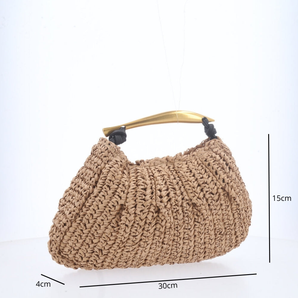 Bolsa de Ráfia Feminina – Modelo com Alça Dourada Rígida Caramelo