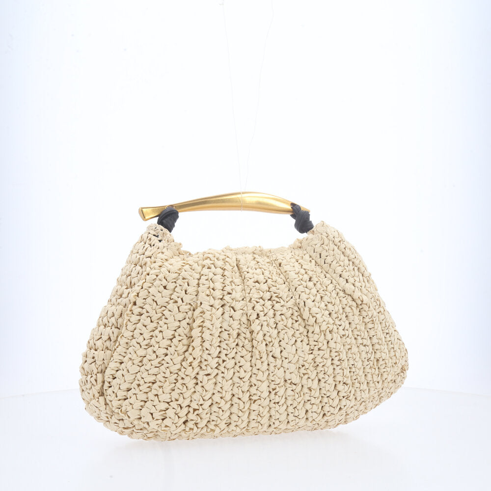 Bolsa de Ráfia Feminina – Modelo com Alça Dourada Rígida Marfim