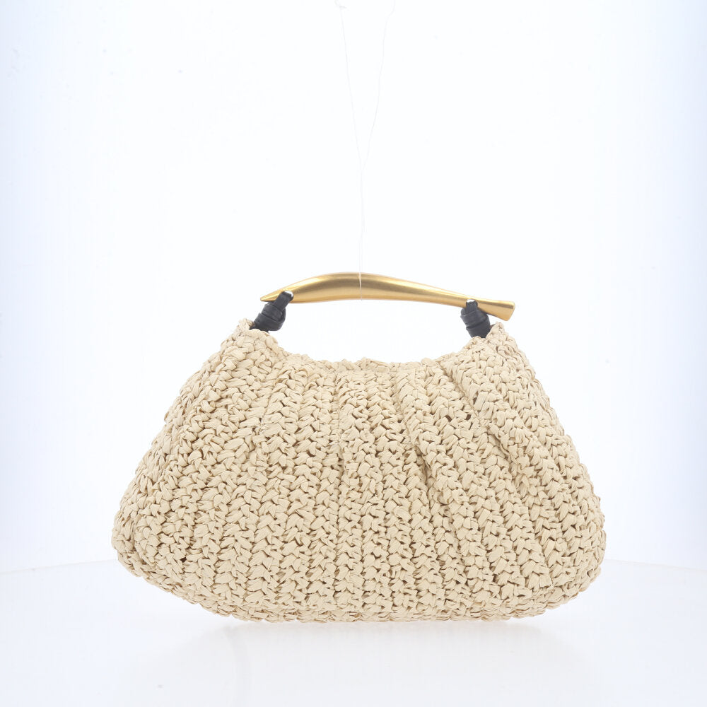 Bolsa de Ráfia Feminina – Modelo com Alça Dourada Rígida Marfim