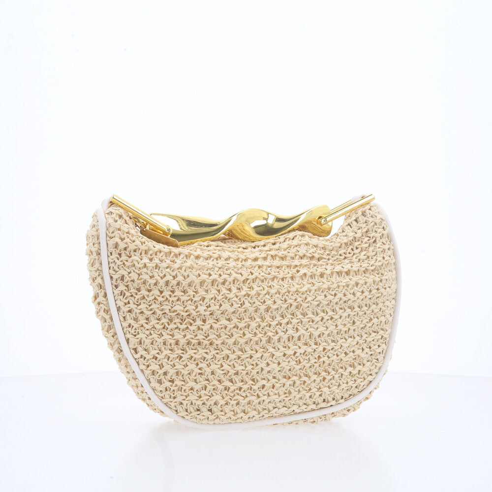 Bolsa em Ráfia – Com Alça Metalizada Dourada Bege