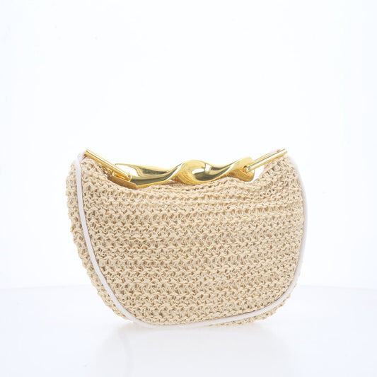 Bolsa em Ráfia – Com Alça Metalizada Dourada Bege