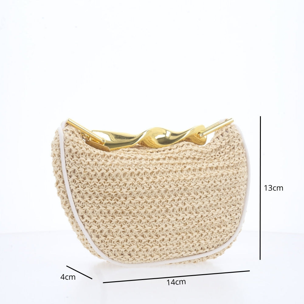 Bolsa em Ráfia – Com Alça Metalizada Dourada Bege