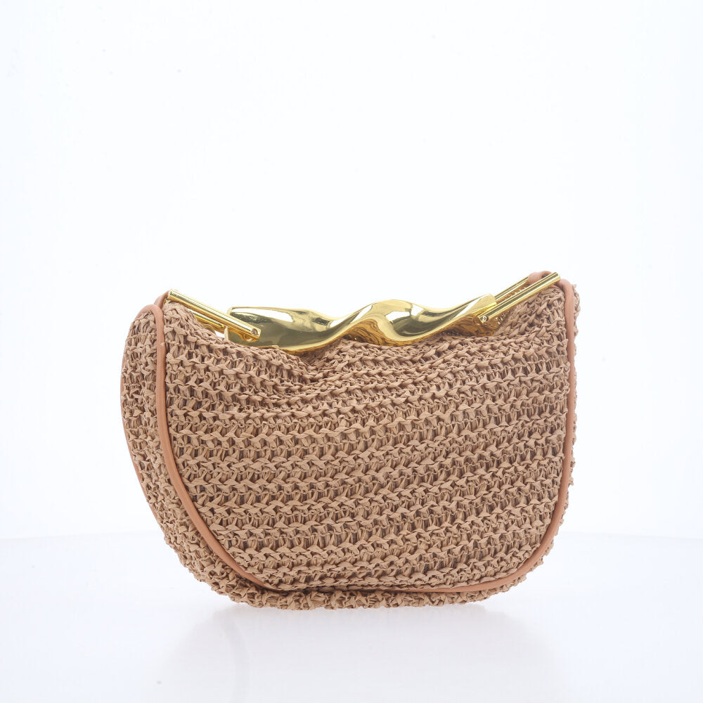 Bolsa em Ráfia – Com Alça Metalizada Dourada Caramelo