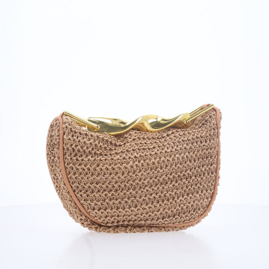 Bolsa em Ráfia – Com Alça Metalizada Dourada Caramelo