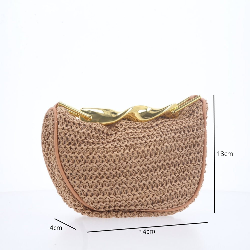 Bolsa em Ráfia – Com Alça Metalizada Dourada Caramelo