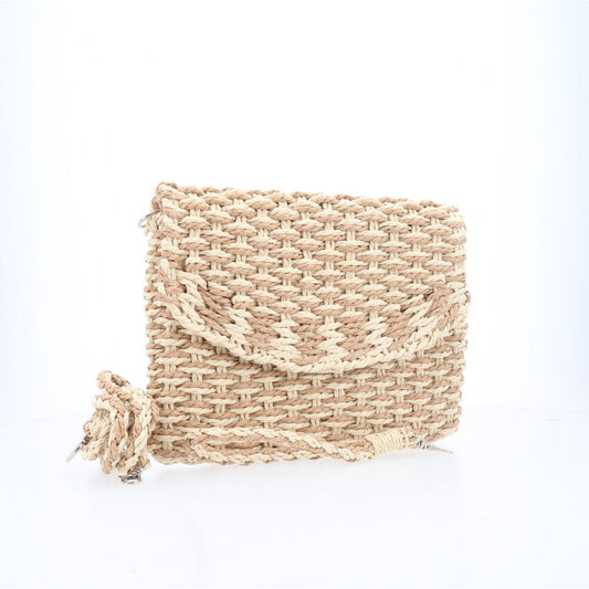 Bolsa de Palha Transversal Estilo Praia com Trama Bicolor Bege