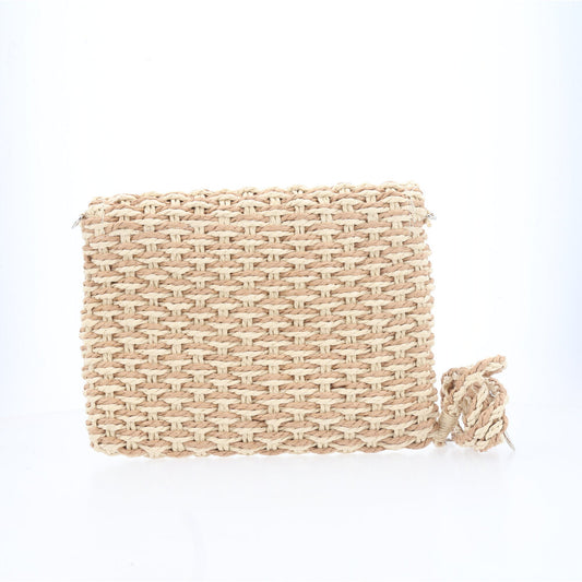 Bolsa de Palha Transversal Estilo Praia com Trama Bicolor Bege