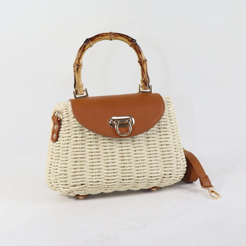 Bolsa de Palha Estruturada com Aba de Couro Bege