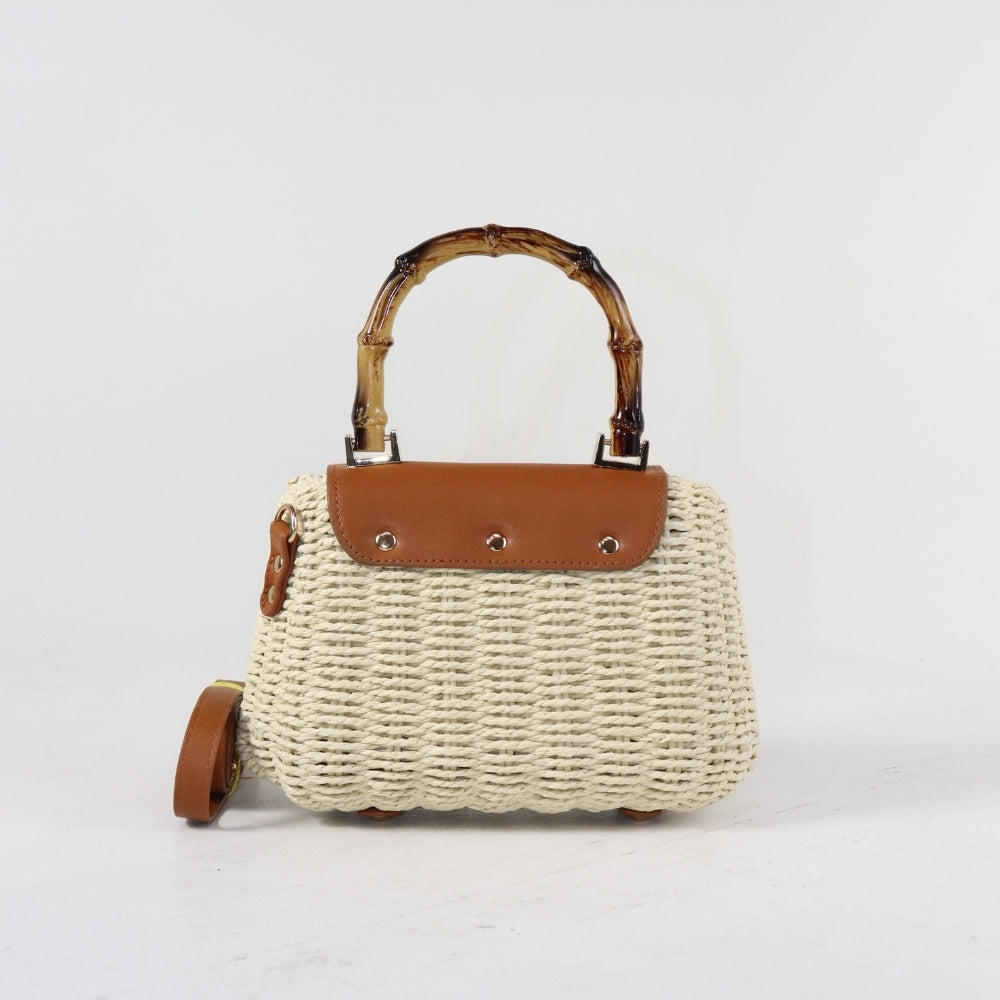 Bolsa de Palha Estruturada com Aba de Couro Bege