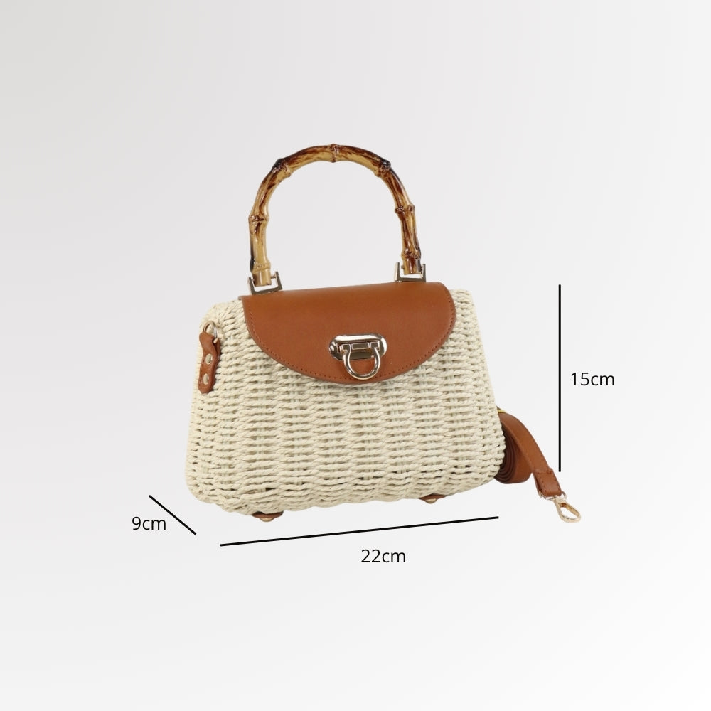 Bolsa de Palha Estruturada com Aba de Couro Bege