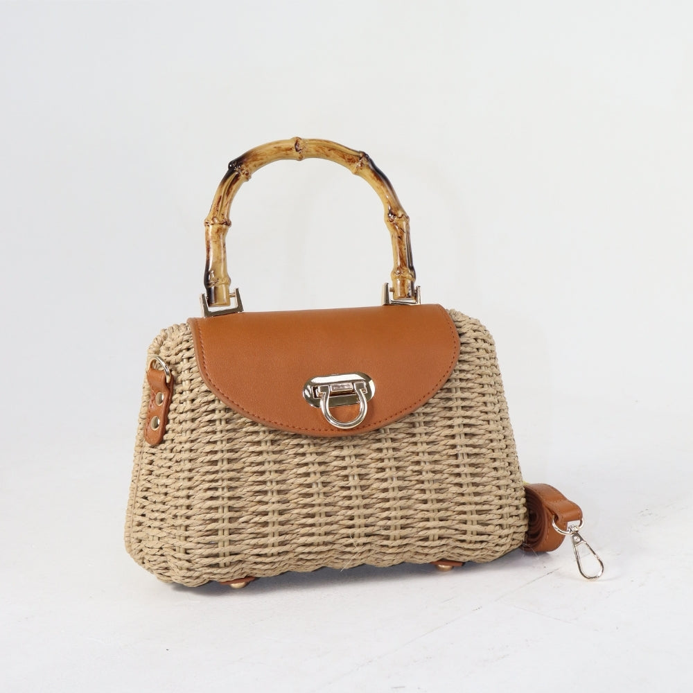 Bolsa de Palha Estruturada com Aba de Couro Caqui