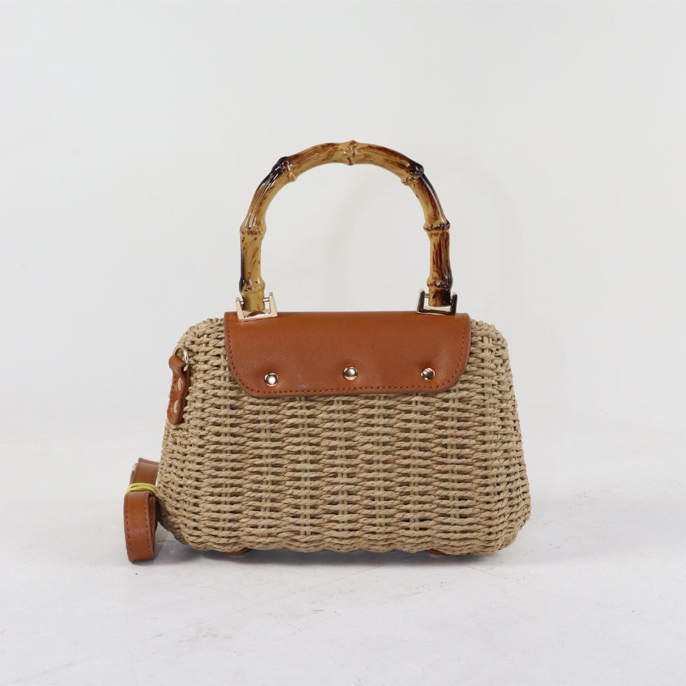 Bolsa de Palha Estruturada com Aba de Couro Caqui
