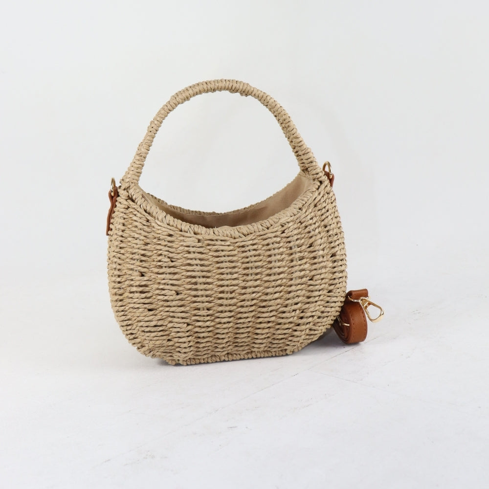 Bolsa Meia Lua em Palha com Opção de Alça Tiracolo Caqui