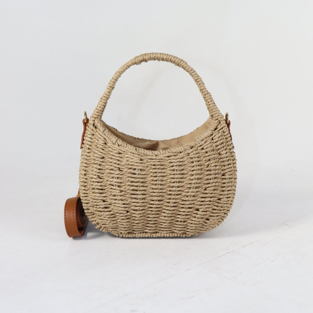Bolsa Meia Lua em Palha com Opção de Alça Tiracolo Caqui