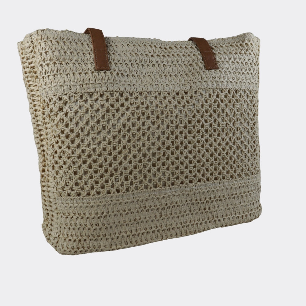 Bolsa Grande de Praia em Palha com Alça Fixa Bege