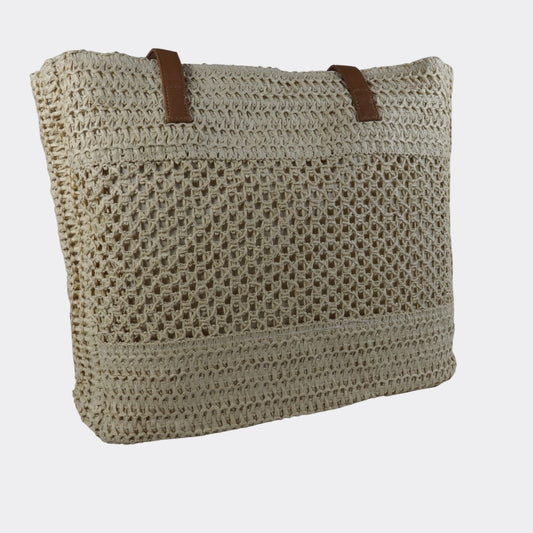 Bolsa Grande de Praia em Palha com Alça Fixa Bege