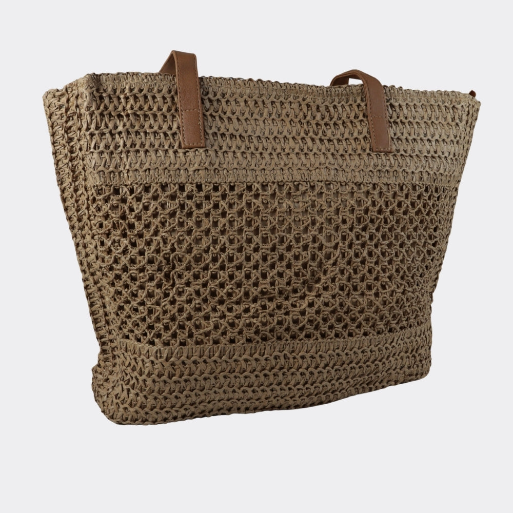 Bolsa Grande de Praia em Palha com Alça Fixa Caqui