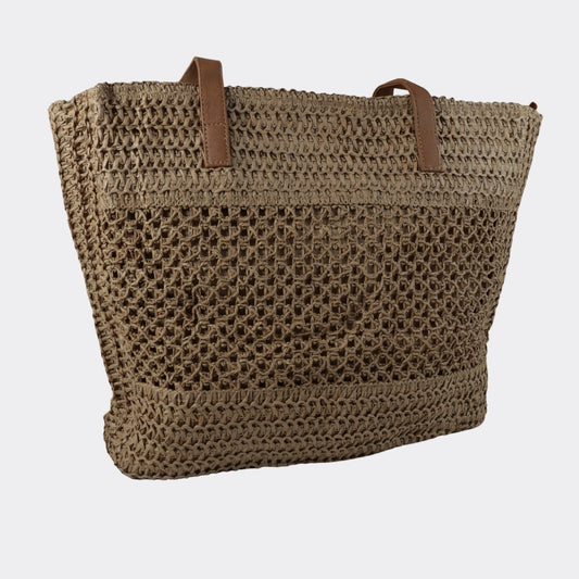 Bolsa Grande de Praia em Palha com Alça Fixa Caqui