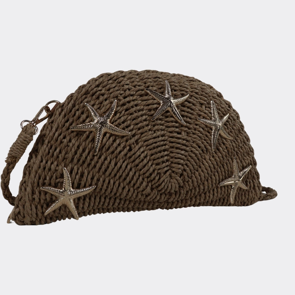 Bolsa de Mão em Palha com Decoração de Estrelas Caqui